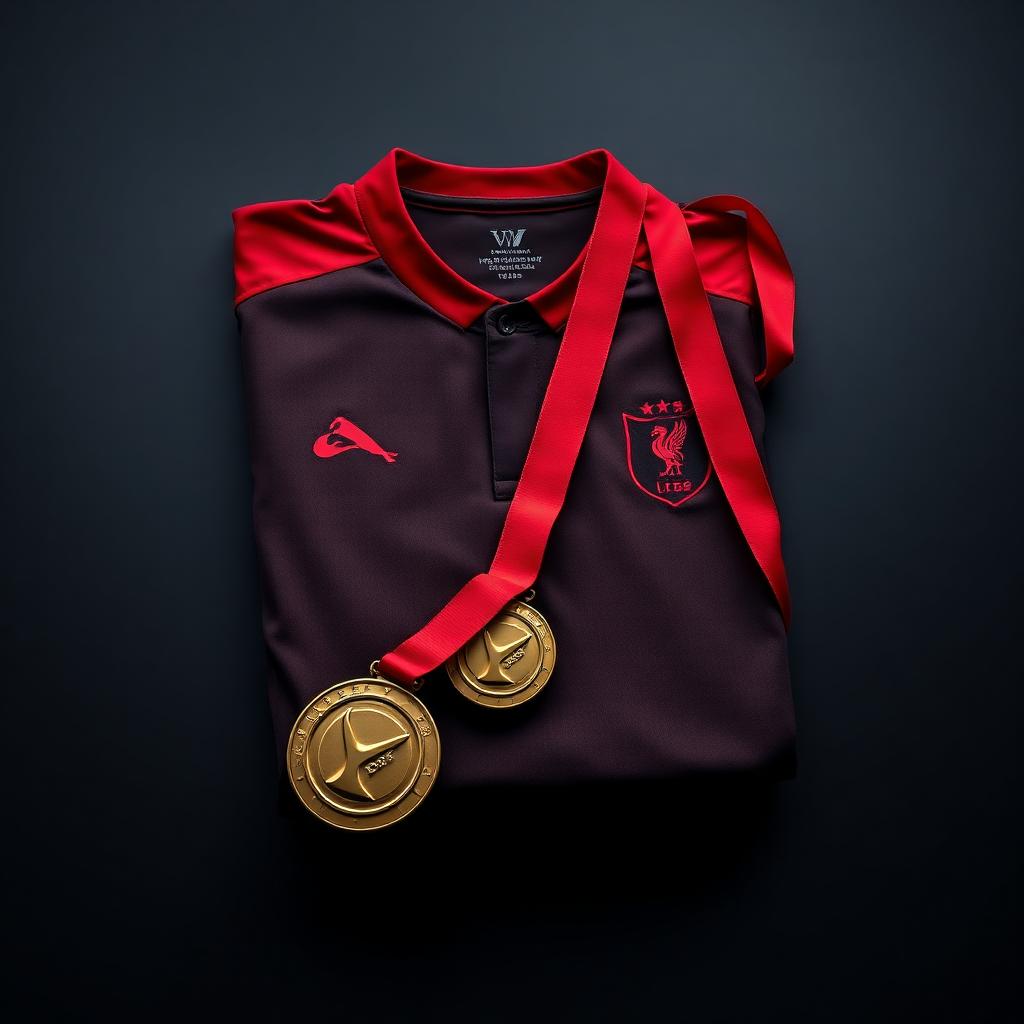Custom red-and-black football kit paired with a gold medal on a ribbon